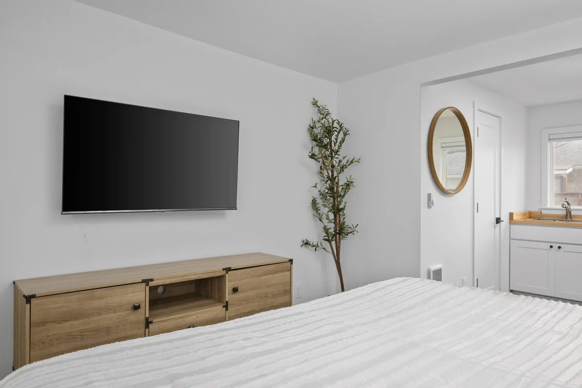 A cozy, modern open-plan living area featuring a television, wooden dresser, decorative plant, round mirror, and a kitchen area. The space is bright with natural light and has an inviting, relaxed atmosphere ideal for unwinding with family, friends, or pets.